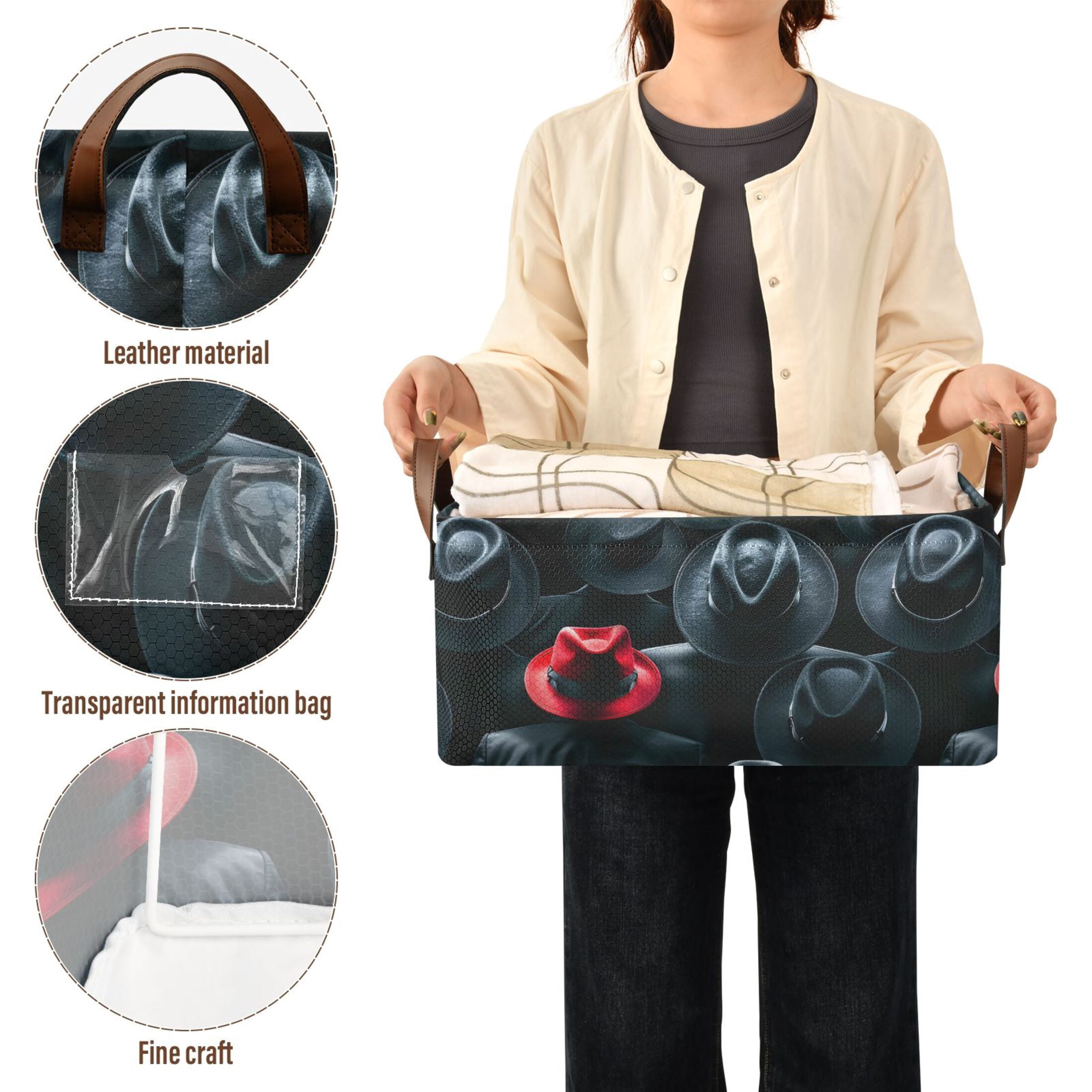 Black Red Hat 2 Pcs Collapsible Storage Bins Fabric Shelf Baskets with Handles 16.9"x11.4"x7.7" Closet Organizer