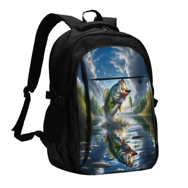 Disketp Largemouth Bass Jumping Out of The Water Mochila de Viaje Estampada para Laptop con Puerto de Carga USB, Mochila Impermeable para Computadora – Regalo para Hombres y Mujeres