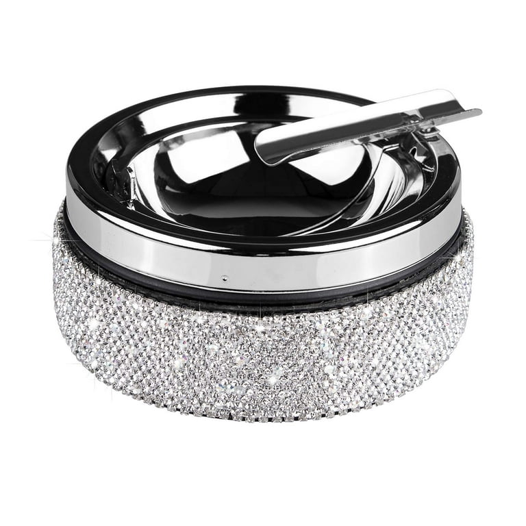 Ashtray,Stainless Steel Ashtray with Lid Bling Crystal Diamonds,Cigarette  Ashtray for Indoor or Outdoor Use,Ash Holder for Smokers,Desktop Smoking  Ash Tray for Home Office Decoration,Square - Silver 