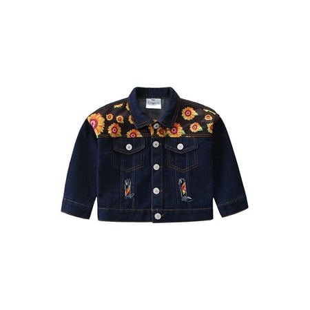 

IZhansean Toddler Baby Girls Denim Jacket Long Sleeve Lapel Button Down Sunflower Print Outwear Casual Outfits Dark blue 4-5 Years