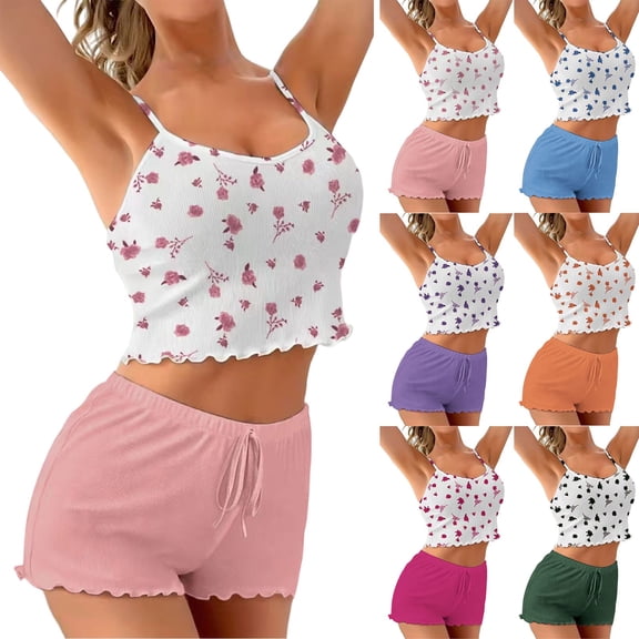 Naittoop Pajamas Set Womens Floral Print Ribbed 2 Piece, Soft Cami Tank Top & Shorts Lounge Set, Cozy Sleepwear for Women