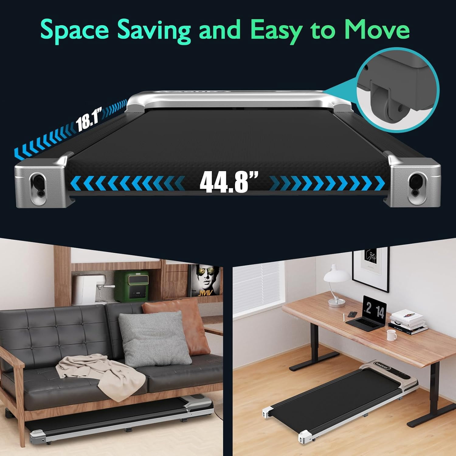 Yagud Walking Pad Under Desk Treadmill, Portable Small Treadmills for Home and Office, 2.5 HP Portable Walking Jogging Running Machine with Remote Control and LED Display, Sliver