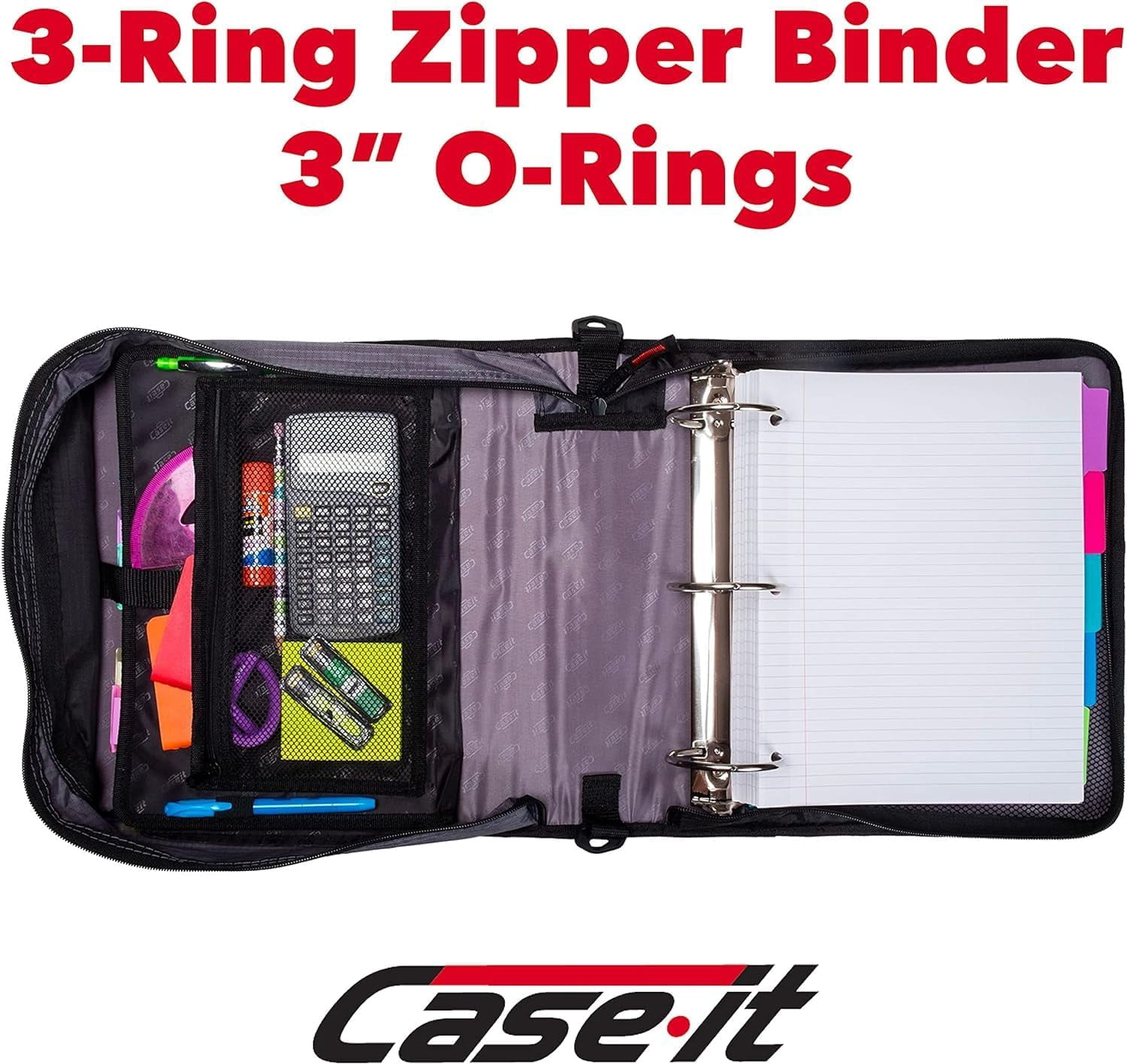 Case-it The Mighty Zip Tab Zipper Binder - 3 Inch O-Rings - 5 Color Tab Expanding File Folder - Multiple Pockets - 600 Sheet Capacity - Comes with Shoulder Strap - Black D-156-B (3Pack)