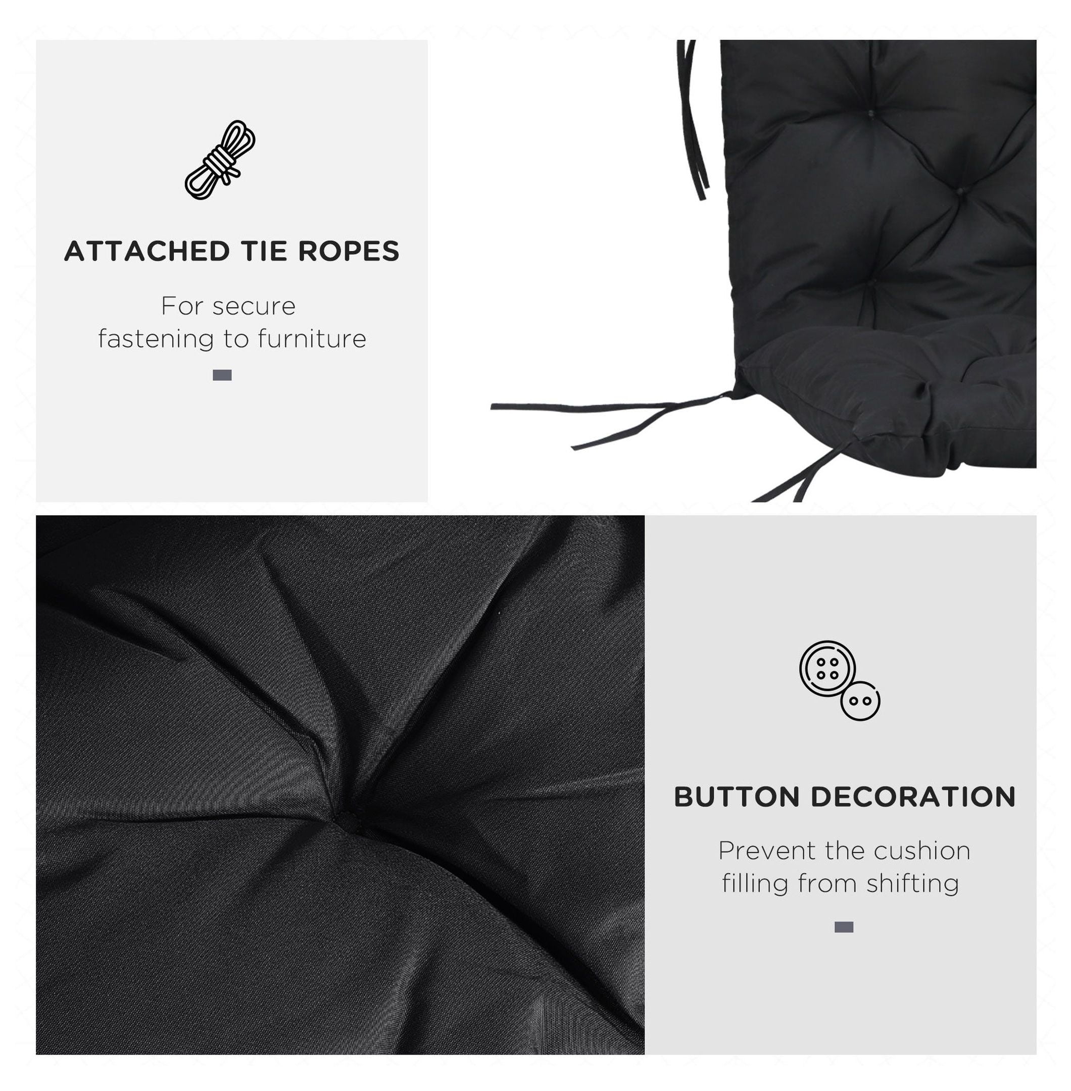 3-Seater Bench Cushion Outdoor Swing Replacement Pad - Black Patio Furniture Cushions with Backrest & Ties