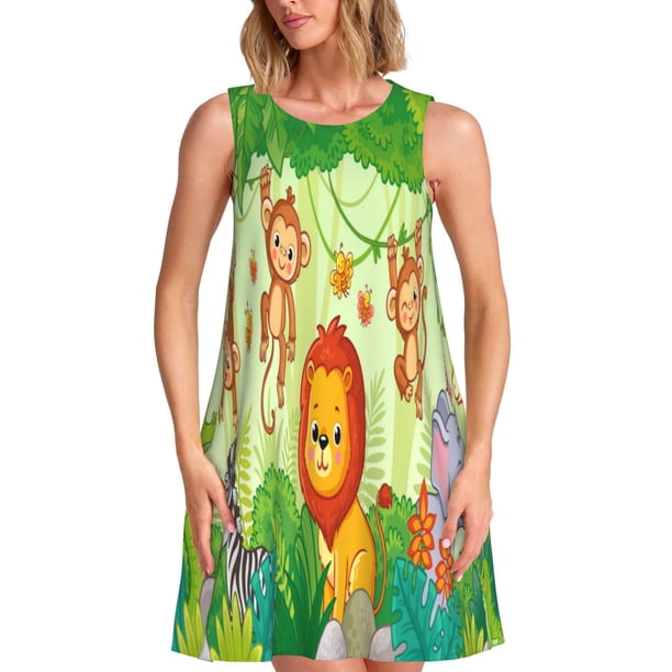 Balery African Animals in the Jungle Vestidos de verano para mujer con estampado: vestido holgado sin mangas, vestido playero informal y cómodo para días calurosos.