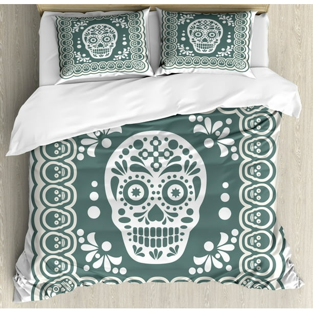 Sugar Skull Queen Size Duvet Cover Set Mexican Dia De Los Muertos