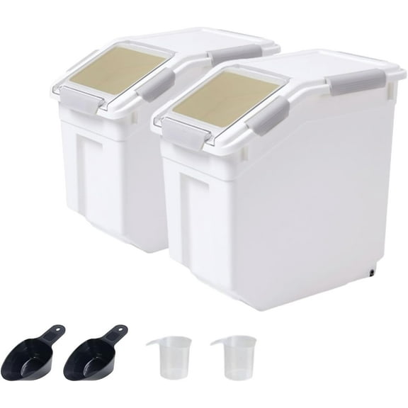 Airtight Flour Storage Container 25 lb Rice Storage Container with Wheels Seal Locking Lid, Food Containers with Measuring Cup& Scoop for Flour, Rice, Grain(Pink)