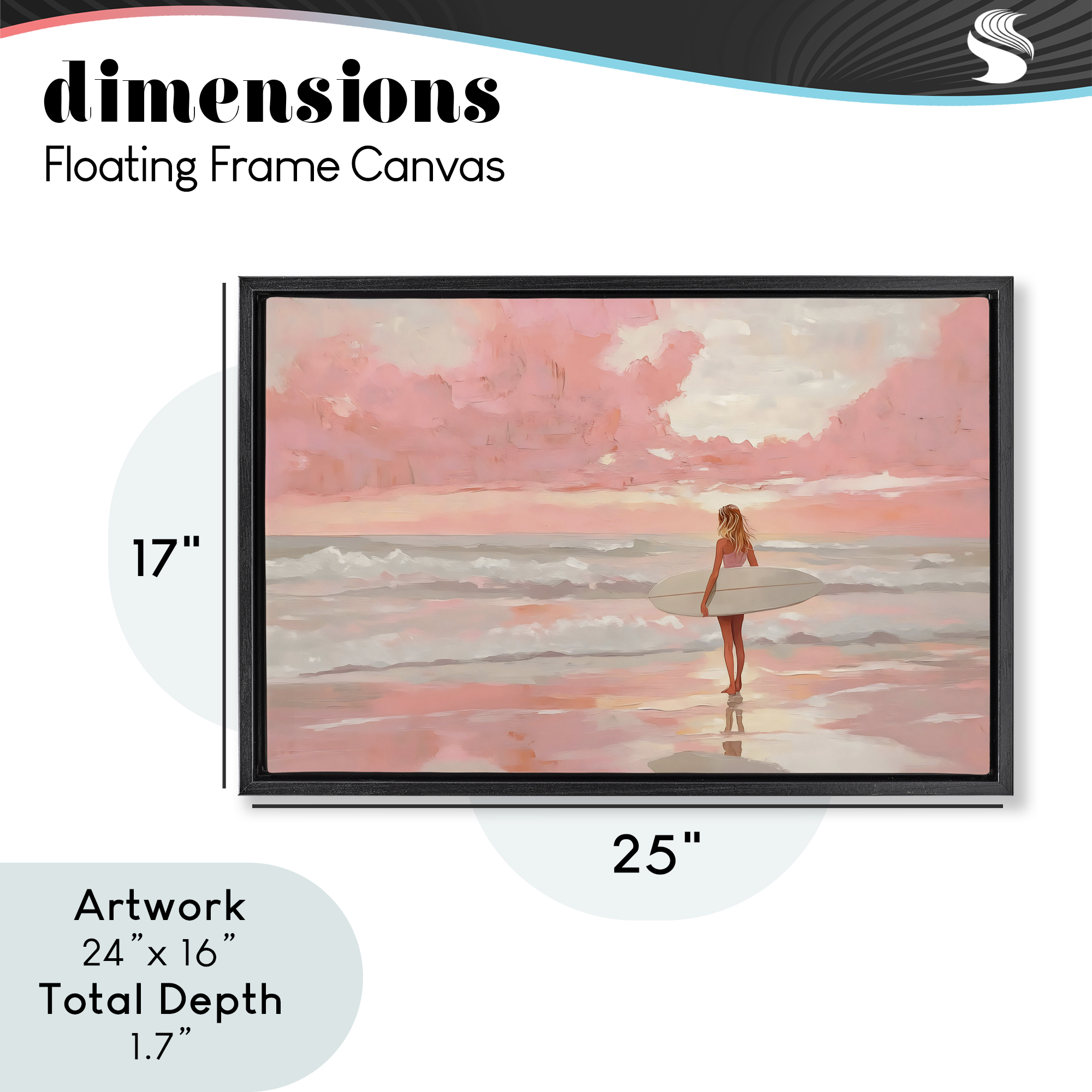 Pink Sky Surfer Black Framed Floater Canvas Wall Art, design by LSR Design Studio