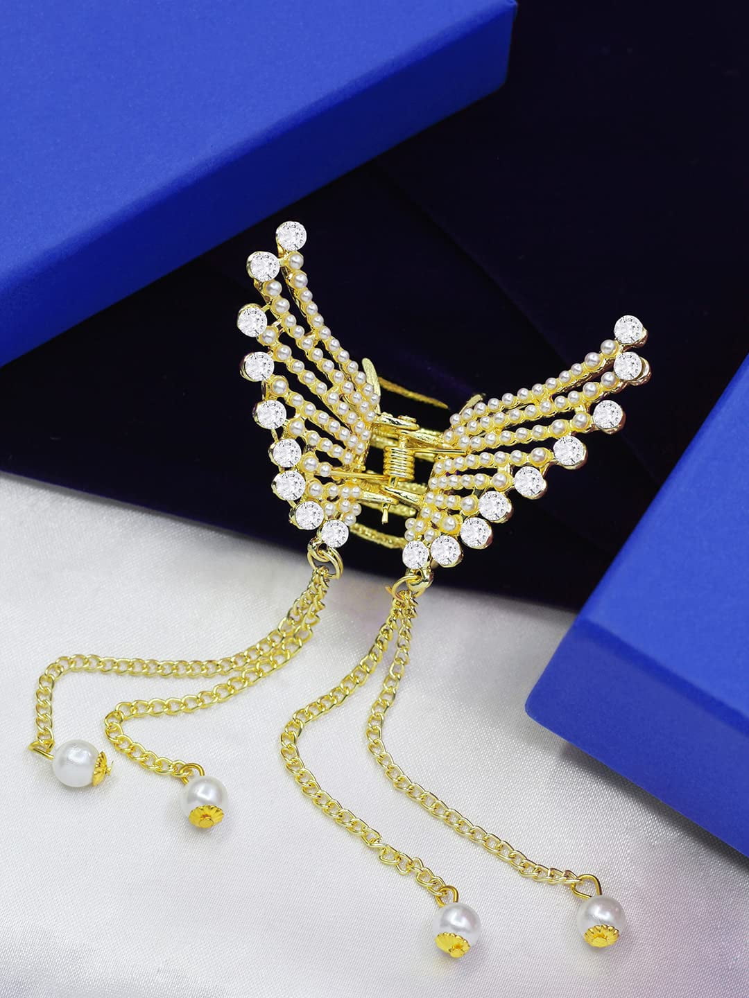 Radhna Attractive Wedding Claw Clip Butterfly Tassel Design Hair Clip Stone & Pearl Accessories Clutcher | Metal Hair Clip for Women & Girls