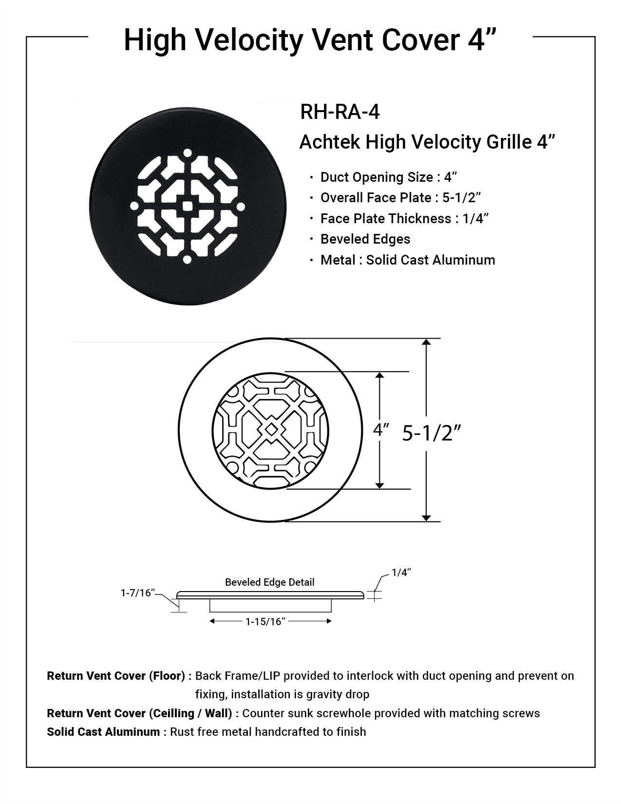 Achtek 4" Duct Opening Solid Cast Aluminum Round Grille ( 5-1/2" Round Overall) | Powder Coated White - With Holes for Wall / Ceiling