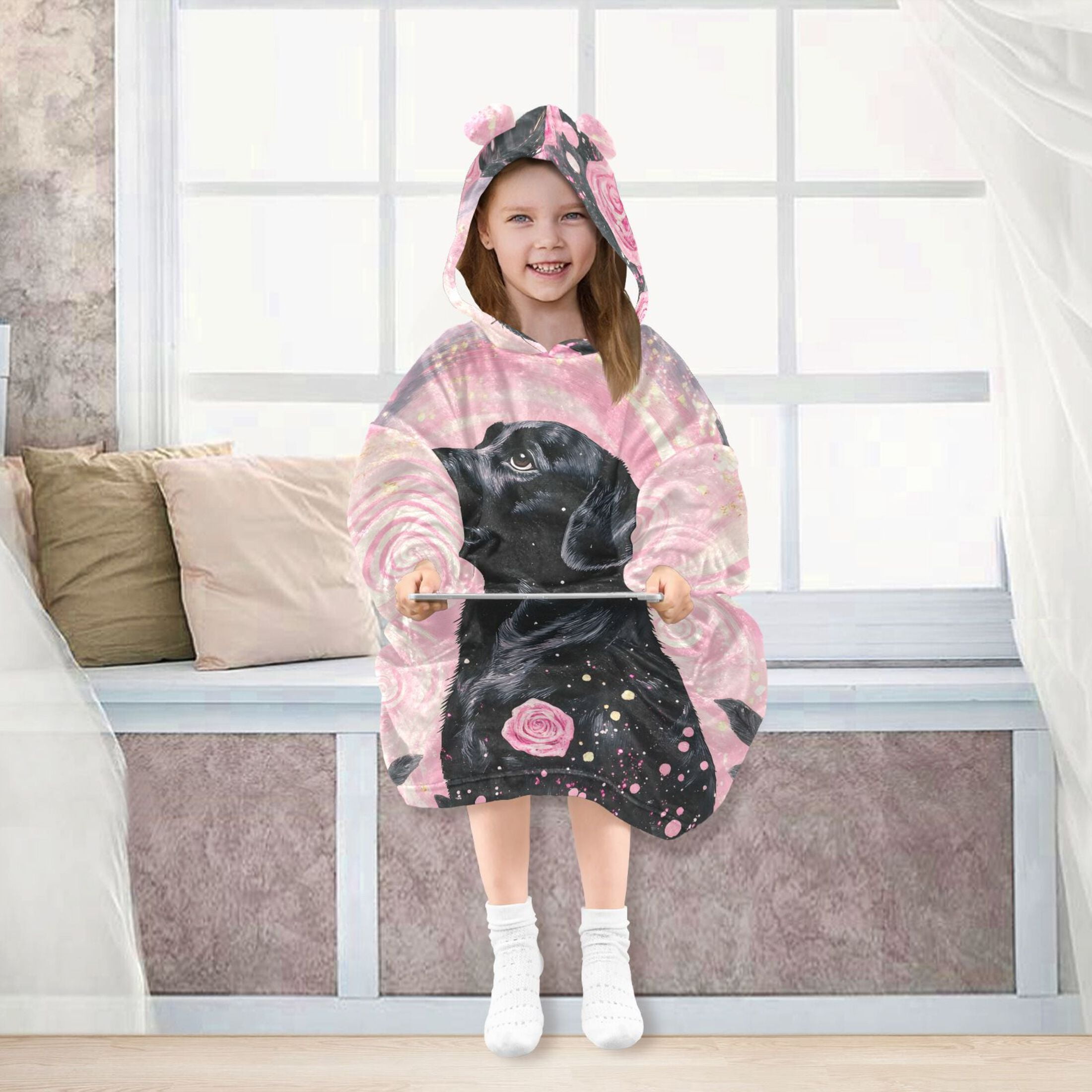 joogoo Wearable Blanket Hoodie Dog in Swirl Flower for Flannel Sherpa Pocket 3-14 YR L