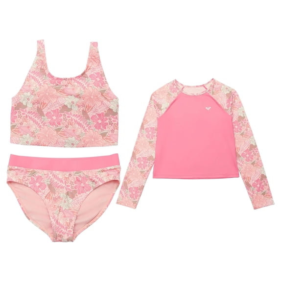 Roxy Girls 3 Piece Rash Guard Bikini Set (US, Alpha, Small, Regular, Carnation)