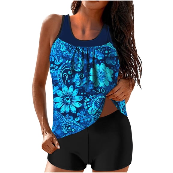 CLOISE Plus Size Swimwear Tankini Womens with Underwire 2 Piece Bathing Suit with Boy Shorts High Waist Full Coverage Flowers Swimsuits Beachwear