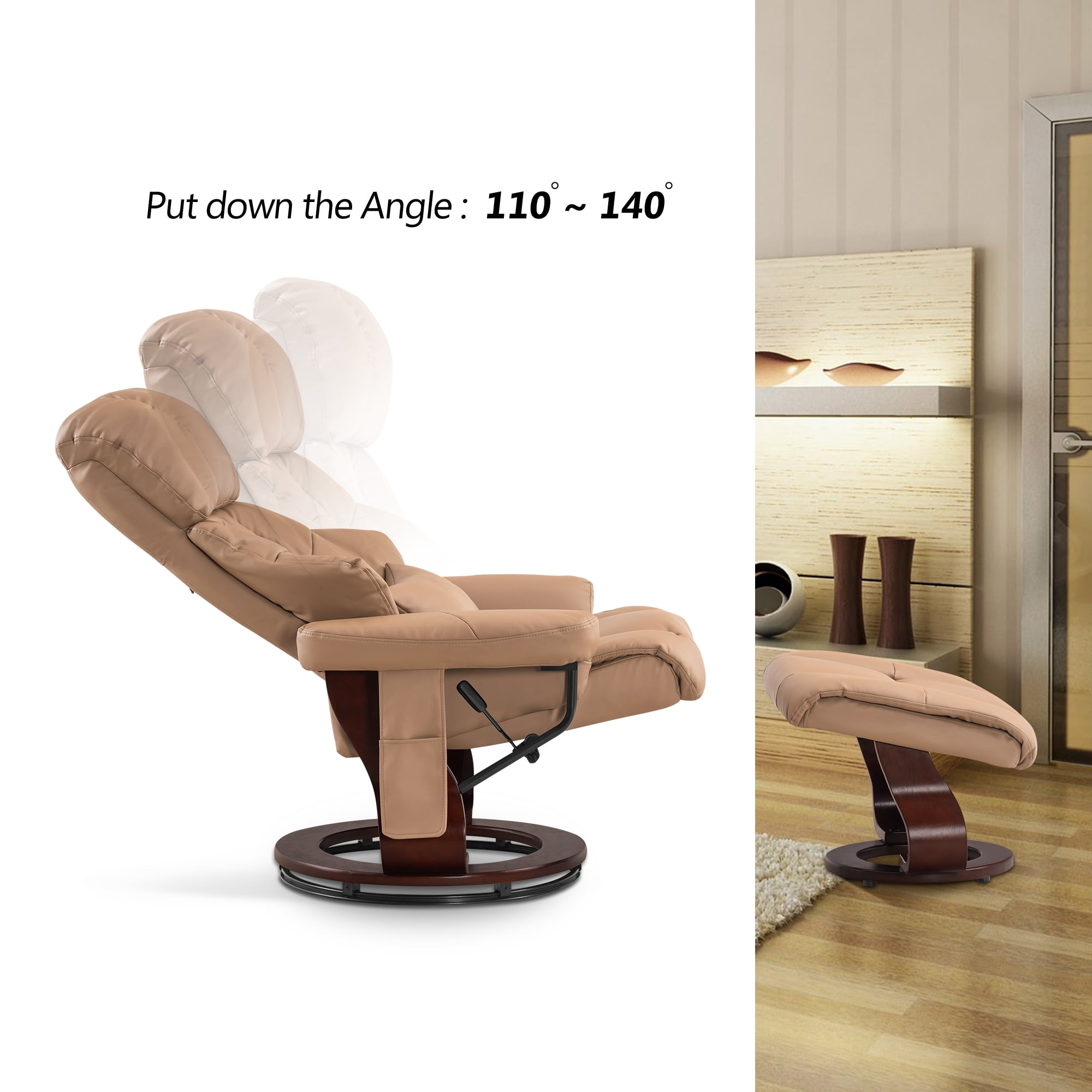 MCombo 360° Swivel Recliner with Ottoman, Lumbar Pillow, Vibration Massage Reclining Chair, Faux Leather(Cognac)