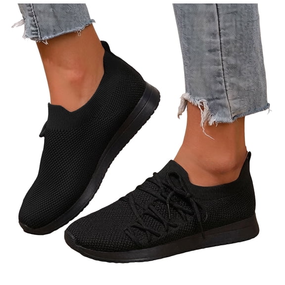 Pandaie Slip on Sneakers Women Walking Shoes Side Lace up Tennis Lightweight Breathable Mesh Nurse Orthopedic Workout Gym Sport Shoes (Black,6)