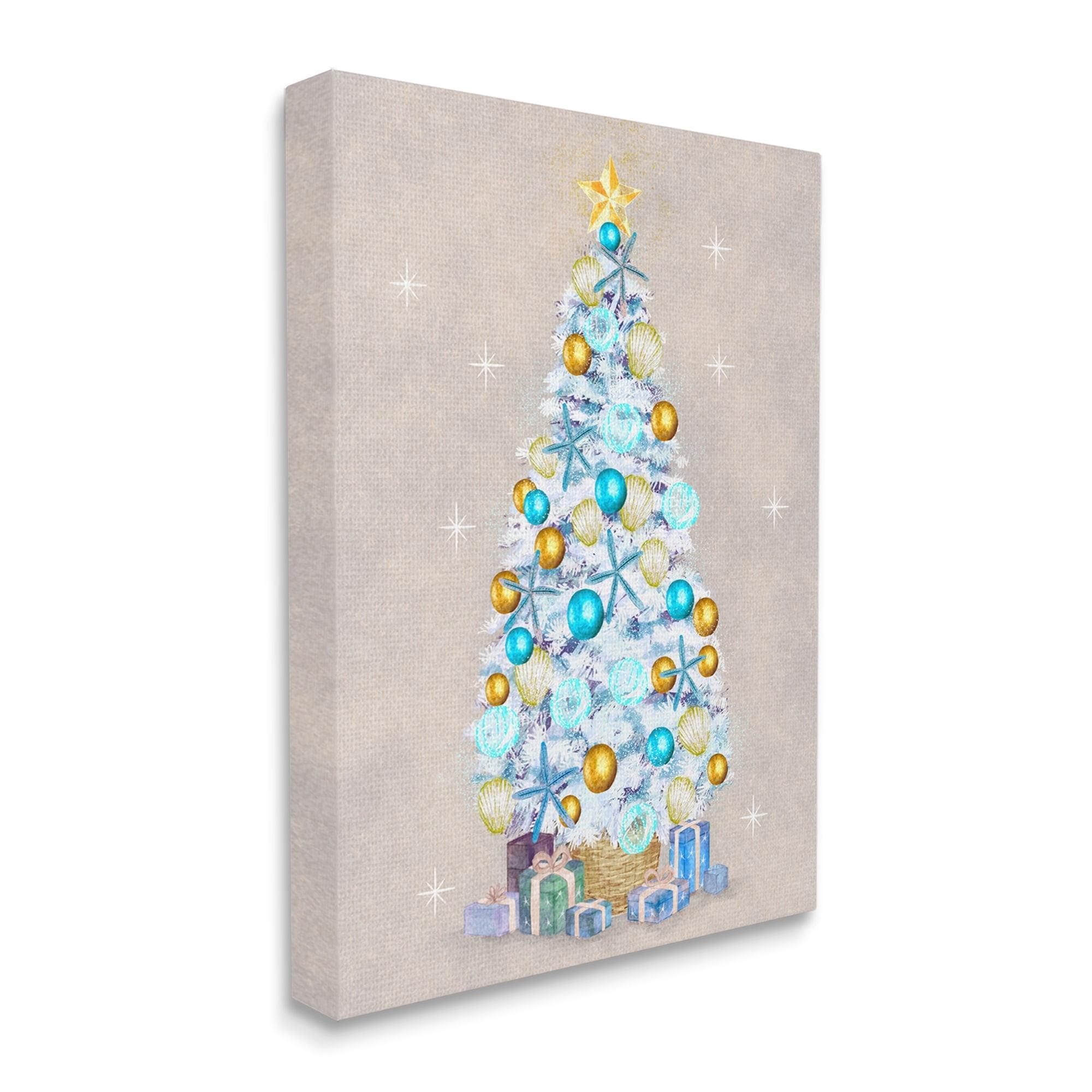 White Decorated Christmas Tree Holiday Gifts Ornaments Botanical & Floral Painting Gallery-Wrapped Canvas Print Wall Art