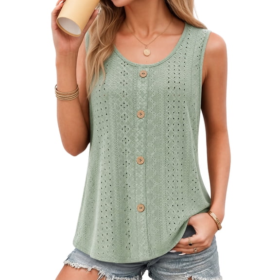 MOYIKO Tank Tops for Women Eyelet Crew Neck Sleeveless Tops Dressy Casual Trendy Flowy Summer Shirts Loose Fit