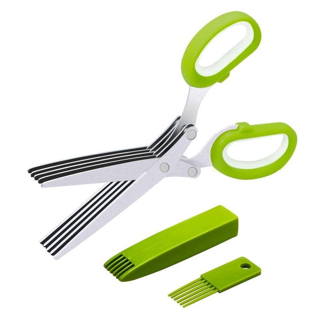 Tijeras para hierbas, tijeras multiusos afiladas para cortar hierbas de cocina con 5 cuchillas de acero inoxidable, cubierta de seguridad, peine de limpieza, geniales utensilios de cocina pa