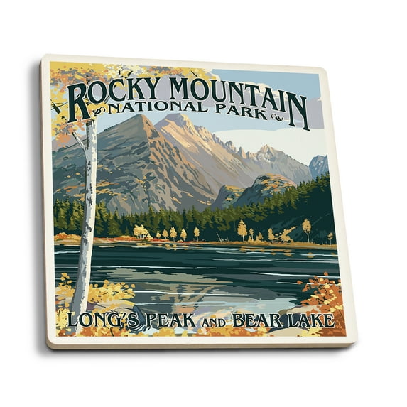 Rocky Mountain National Park, Colorado, Longs Peak and Bear Lake Fall (Absorbent Ceramic Coasters Set of 4 Matching Images, Cork Back, Kitchen Table Decor)