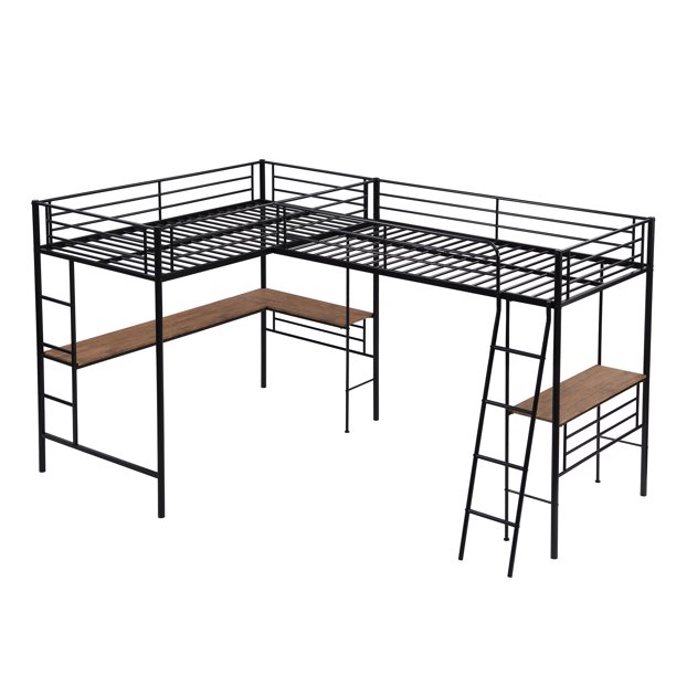 Nestfair Teen Twin Size LShaped Metal Loft Bed, 2 Desks, Black