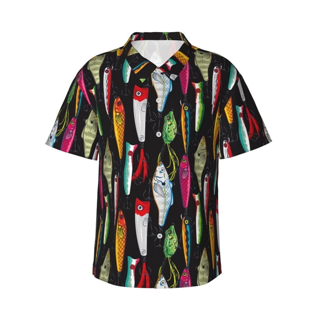 Balery Colorful Fishing Lures Camisas hawaianas de manga corta para hombre, camisas playeras de corte holgado, camisas de vacaciones con botones,X-Large