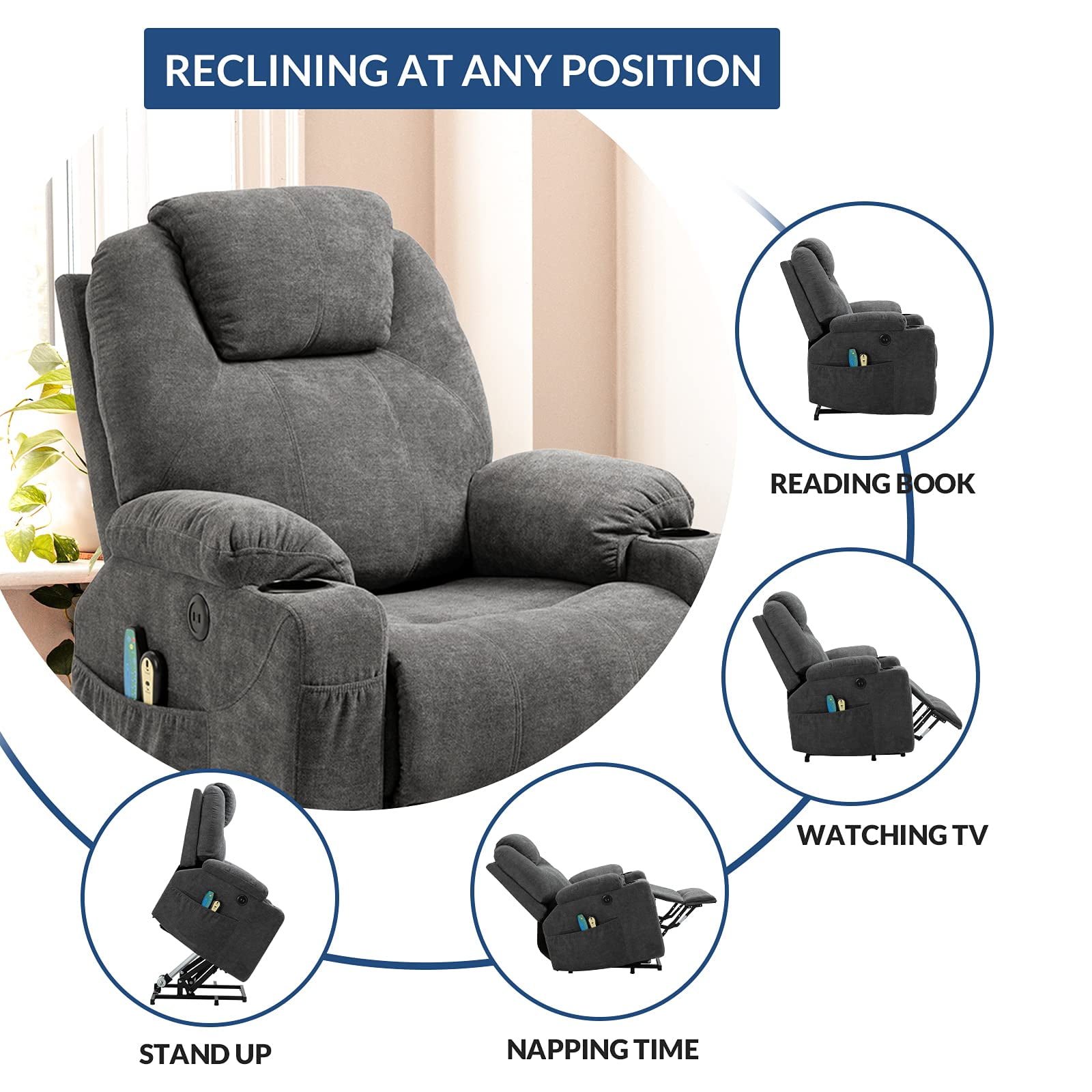 SOCIALCOMFY Power Lift Recliner Chair for Elderly, Heavy Duty Lift Chair with Heat and Massage, Soft Fabric Recliner Chair with 2 Remote Controls, Cup Holders, Side Pockets & USB Ports (Grey)