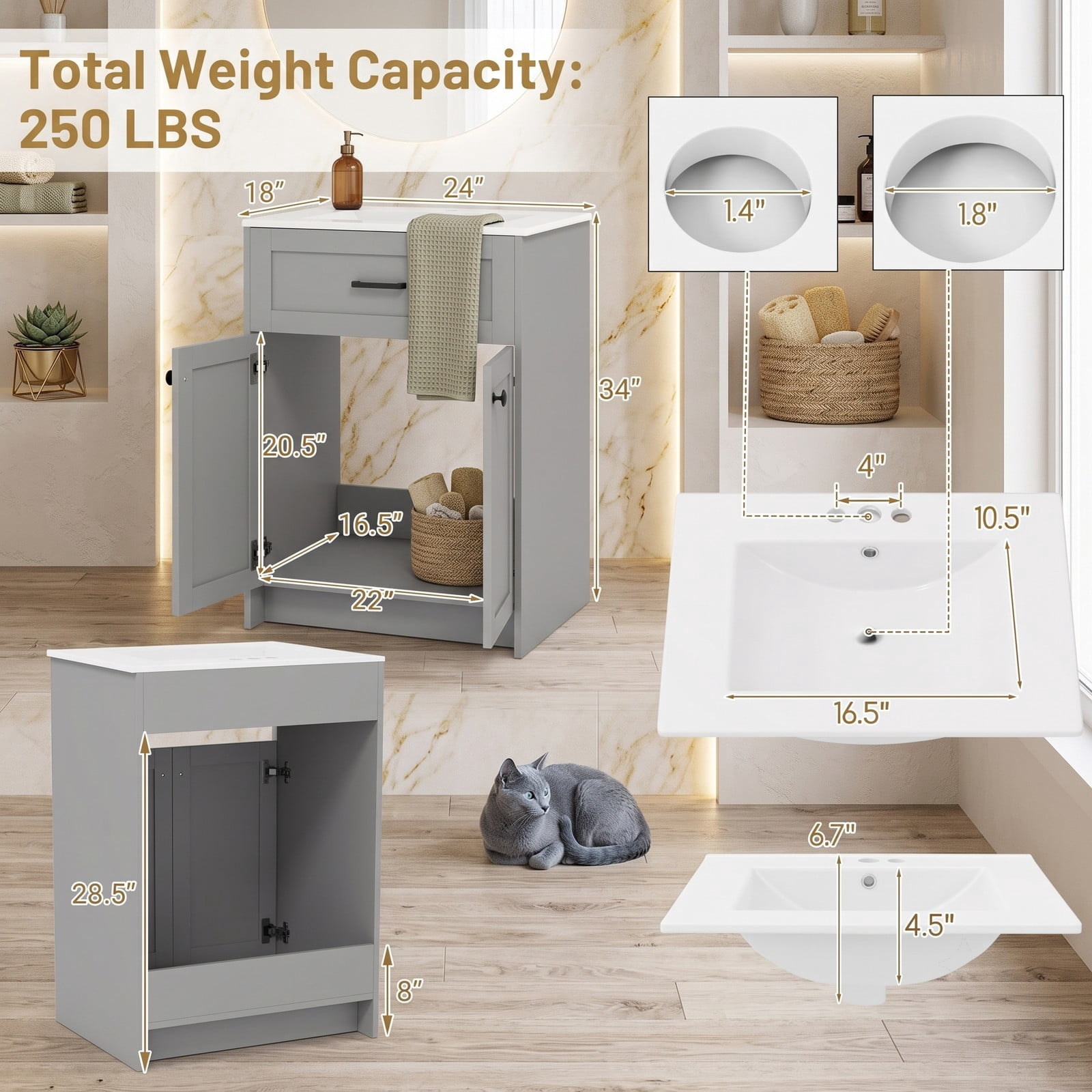 ALPULON Bathroom Vanity Unit with Ceramic Basin Sink, Freestanding 24 Inch Floor Standing Bathroom Vanity Cabinet with 2 Soft Close Doors and Pre-Drilled Faucet, Gray