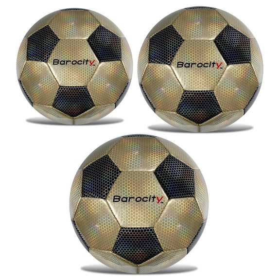 Barocity Iridescent Soccer Balls Set of 3 - Classic Black and Gold Official Match Balls with Reflective Hex Pattern, Sport Soccer Balls for Indoor, Outdoor Training and Practice - Sizes 3, 4, and 5