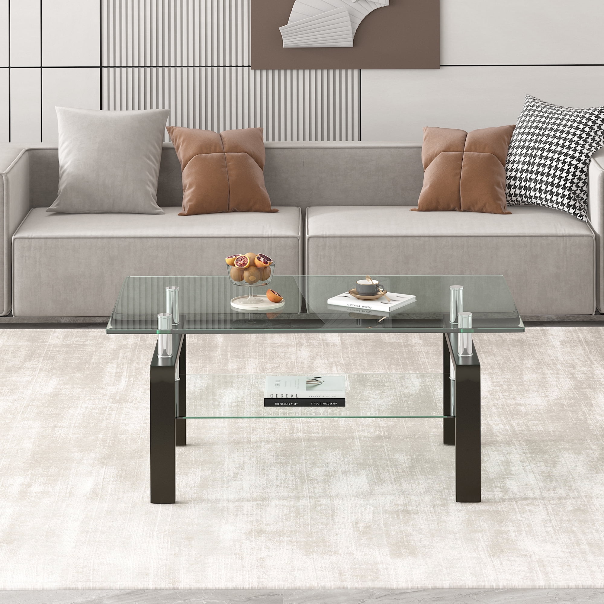 MAYEERTY Tempered Clear Glass Coffee Table, 2-Layers Coffee Table Living Room Center Table