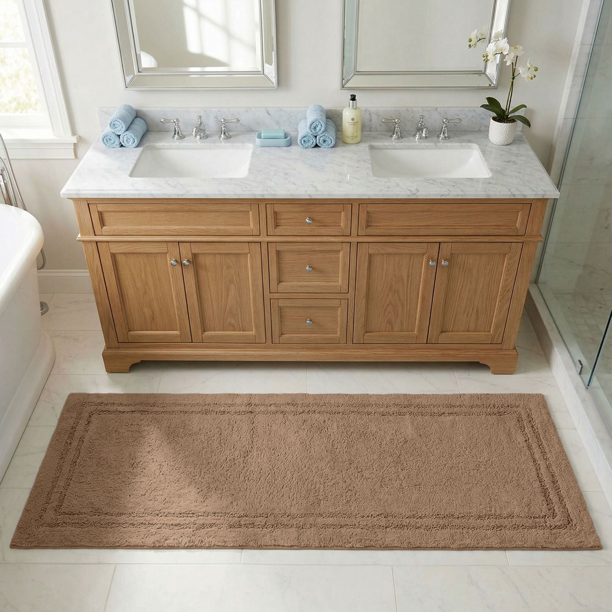 Superior Solid Bordered Cotton Washable Non-Slip Bath Rug, Runner Size, Latte