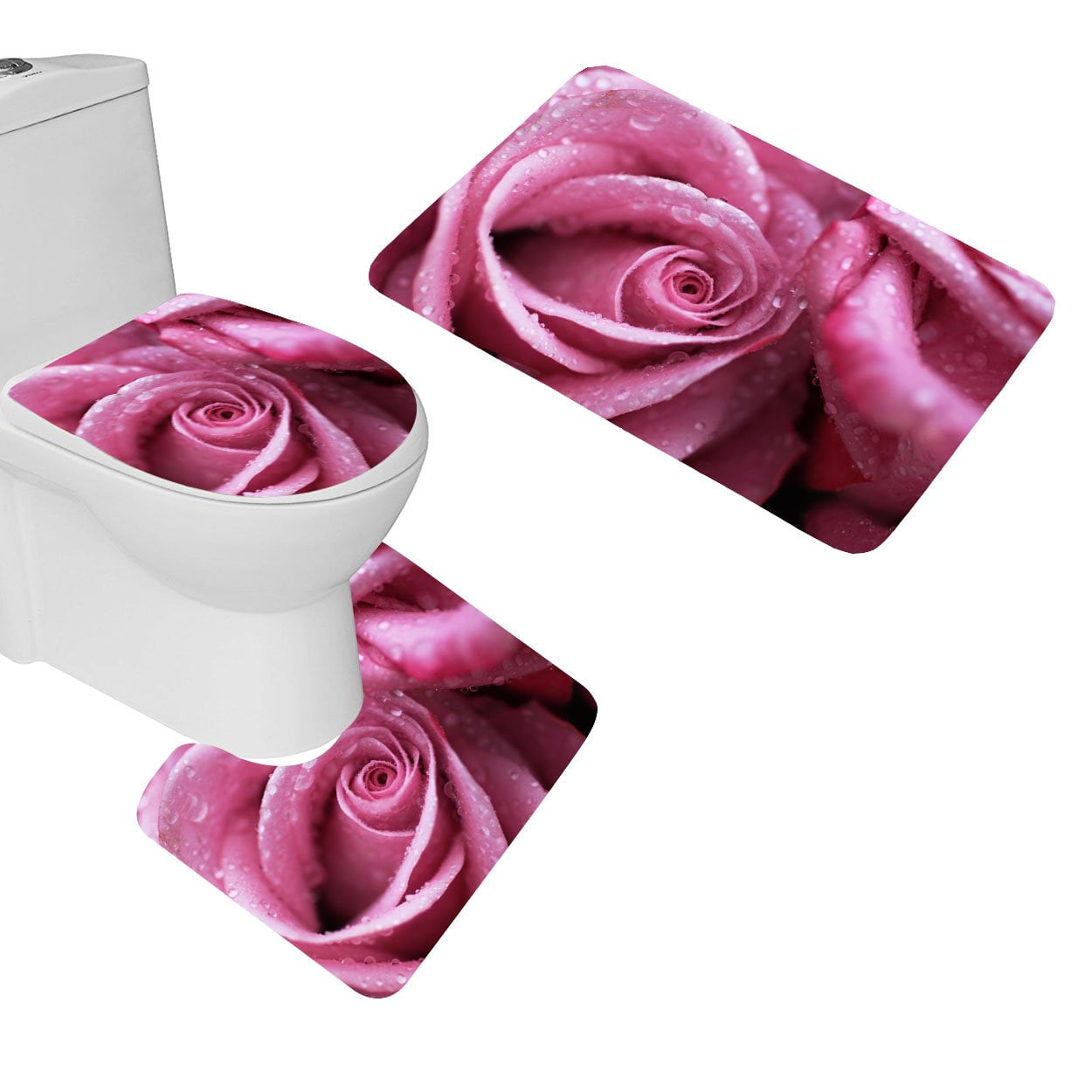 GOHAO Flowers Roses Pink Drops Dew 3 Piece Bathroom Rugs Set Bath Rug