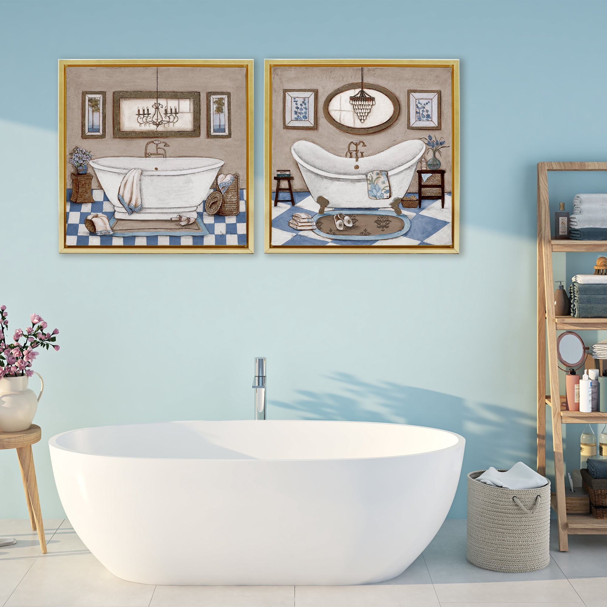 Stupell Industries Tiled Bathroom Views 2 Piece Gold Framed Floater Canvas Set, design by Janet Tava
