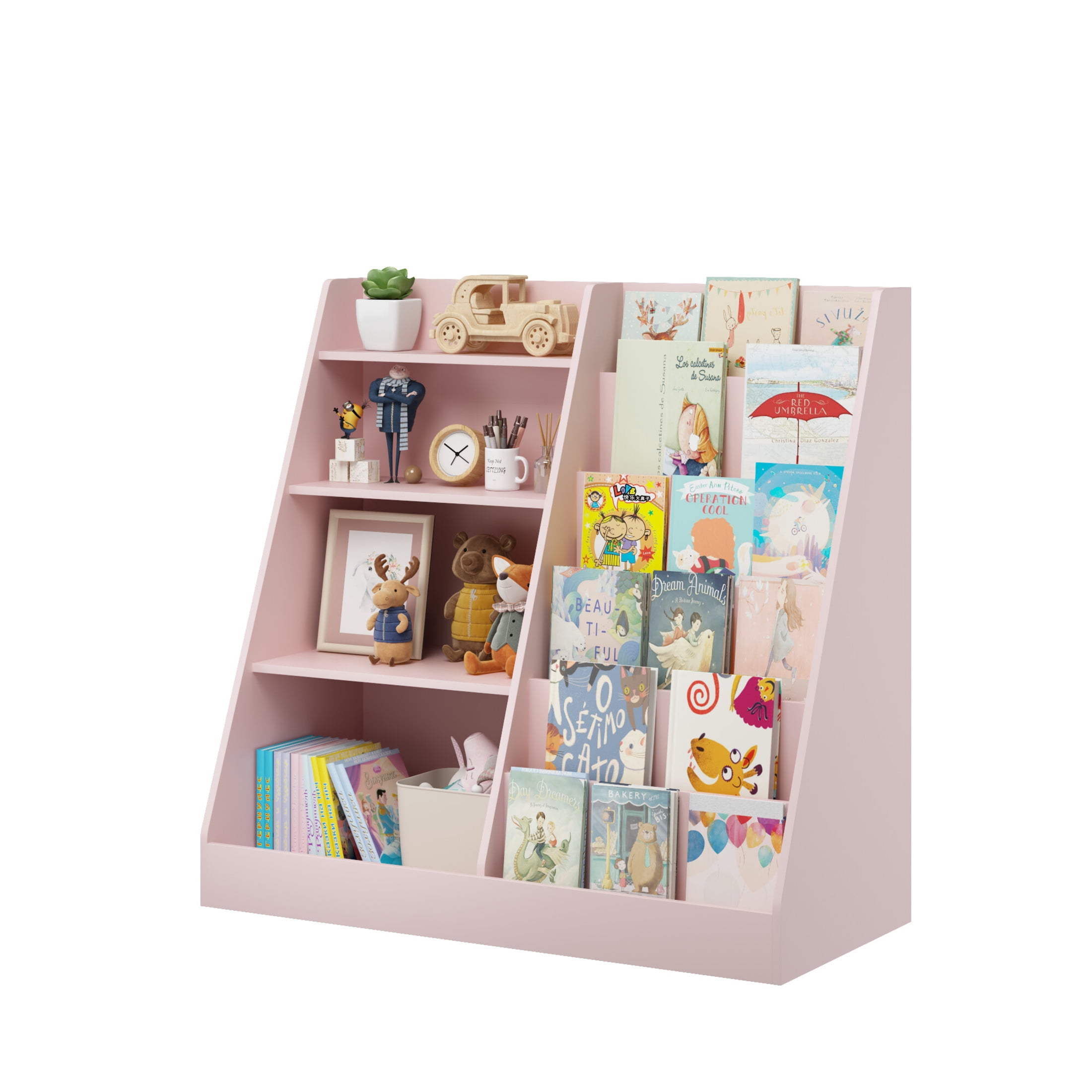 Noble House Aldo 4-Tier Wooden Bookshelf, Multifunctional  Toy Storage Organizer in Kids Room, Display Stand, Pink
