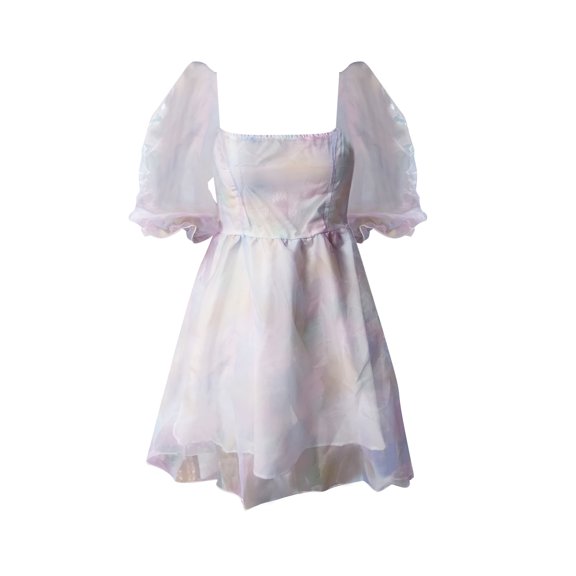 Womens Puff Sleeve Tulle Princess Dress High Waist Fairy Ruffle Flowy Mesh Tutu Dresses