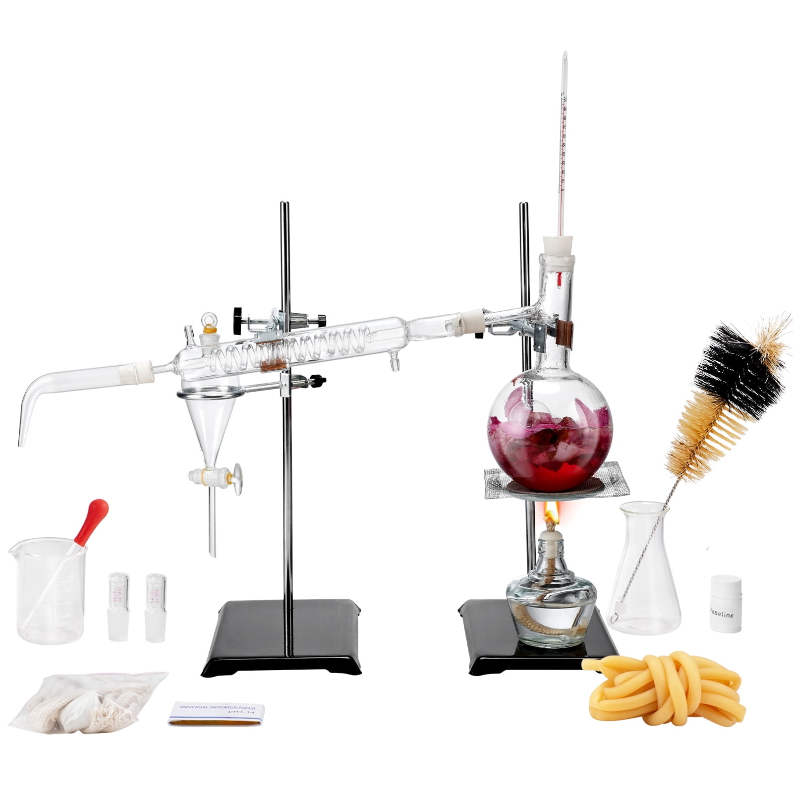 KFFKFF Essential Oil Distillation Equipment, 500ml Glassware Set, Includes 3.3 Boro Laboratory Glass, Alcohol Burner, Ceramic Mesh, 24/40 Joint, 28 Piece Kit