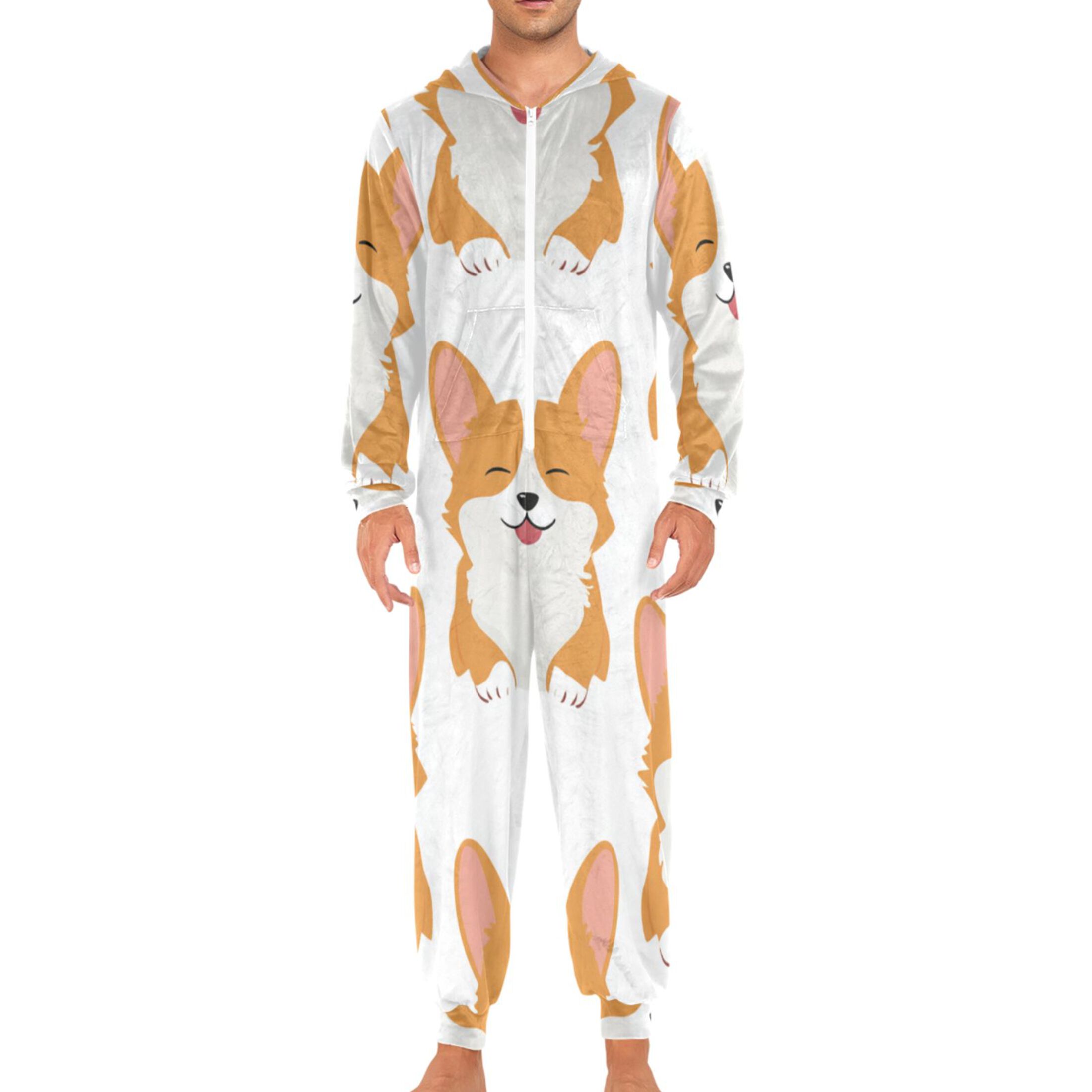 Seamless Happy Dogs Cartoon Adult's Hoodie Onesie Jumpsuit One-Piece Pajamas with Zipper Unisex for Holiday M