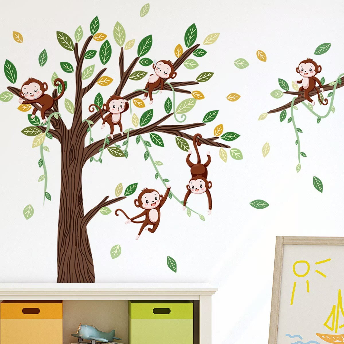 Monkey Climbing Tree Wall Decals Monkey wall decal Jungle Animals Wall Stickers Green Tree Vine Wall Decal Peel and Stick Wall Stickers Kids Baby Nursery Girl Boy Bedroom Playroom Wall Decor