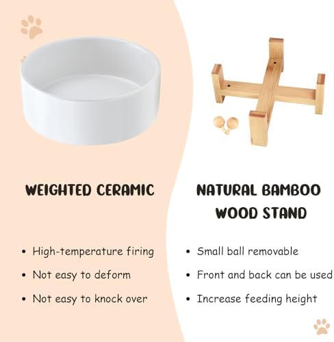 15° Slanted Ceramic Dog and Cat Bowl with Wooden Stand, Tilted Bulldog Food and Water Bowl No Slip Non-Spill for Cats Medium Dogs Big Face Pets 28.7 OZ (3.6 Cups, White)