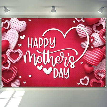 Image of Mothers Day Decorations Banner 72 x 48 Backdrop Happy Mother s Day Heart Red Photography Background Seasonal Holiday Backdrop for Indoor Outdoor Garden Yard Party Home Decorations