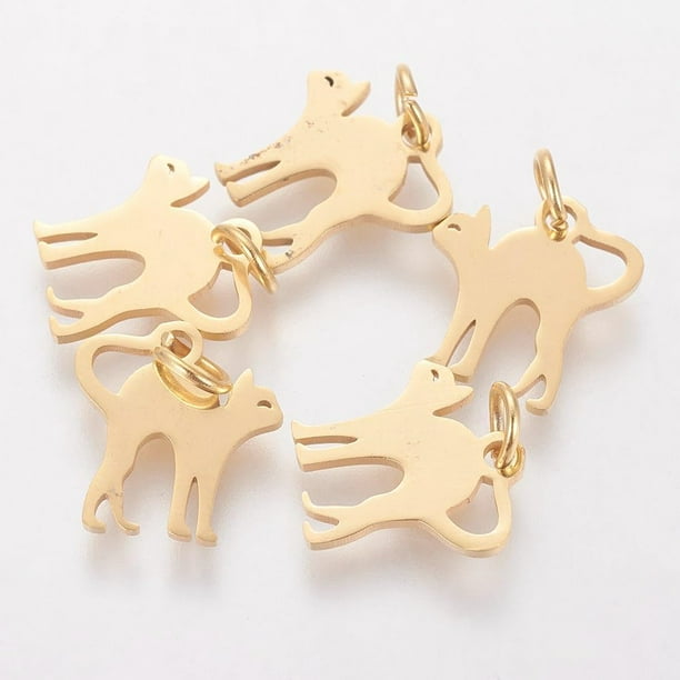 5 colgantes dorados de gatito con forma de gato elástico, de acero inoxidable 201. Lindos colgantes de gato de 12x12x1 mm con orificio de 3 mm.
