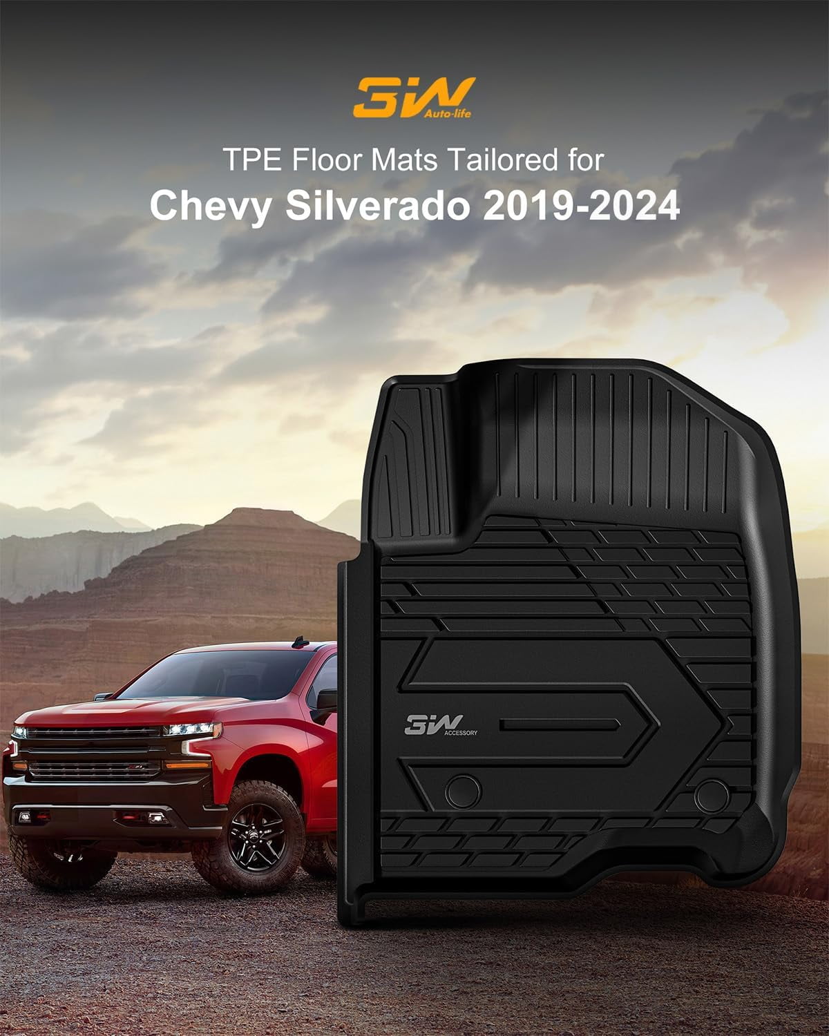 3W Floor Mats For 2019-2025 Chevy Silverado/GMC Sierra Denali 1500 & 2020-2025 GMC Sierra 2500HD/3500HD Crew Cab TPE All Weather Floor Liner Car Mats
