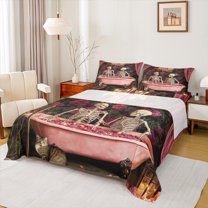 Manfei Romantic Couple Skull Bed Sheets for Adult, Vintage Pink Rose Flower King Sheets, Halloween Theme Sheet Set, Ultra Soft Home Decor, 4pcs
