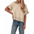 thumbnail image 3 of Women's Knit Crochet Short Sleeve Round Neck Ruffled Hem Pullover Fall Sweater for Casual Summer Khaki S, 3 of 8