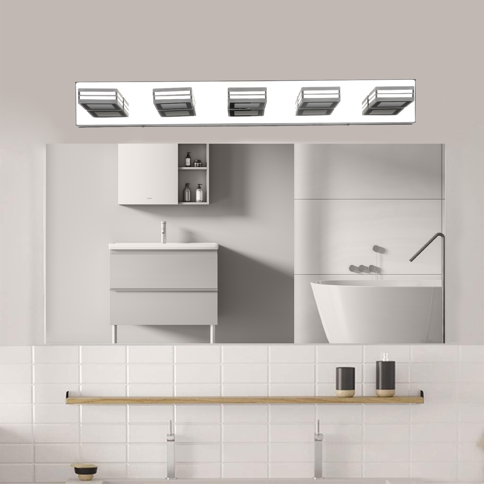Leumius Modern 5-Light LED Vanity Light, Square Acrylic Lampshades Wall Mount Fixture for Mirror, Bathroom, Bedroom and Hallway Chrome