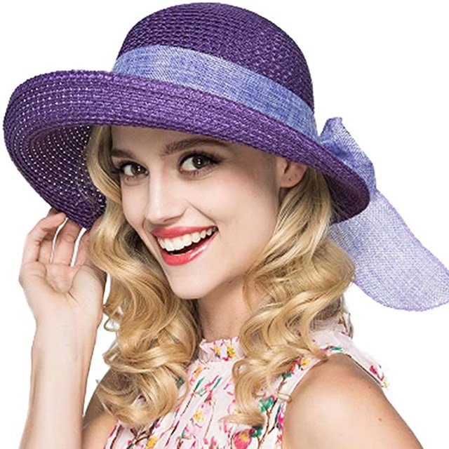 Sombrero de paja de verano con visera para mujer Sombrero de playa flácido Sombrero de ala ancha Sombreros de playa de verano para mujeres y niñas Púrpura brillar Electrónica