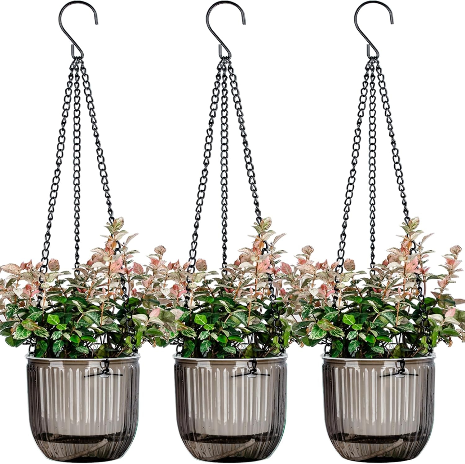 3 Pack Self Watering Hanging Planters for Indoor and Outdoor Plants, Gray Small Hanging Planter,4.5 Inch Hanging Baskets with Chains Drainage Holes, Hanging Flower Pot for Garden Home