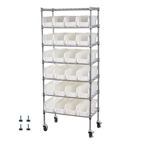 Mobile 7-Tier Rolling Storage Rack with 24 Bins, Steel Wire Shelving System on Wheels for Garage, Office, Kitchen, Warehouse Organization