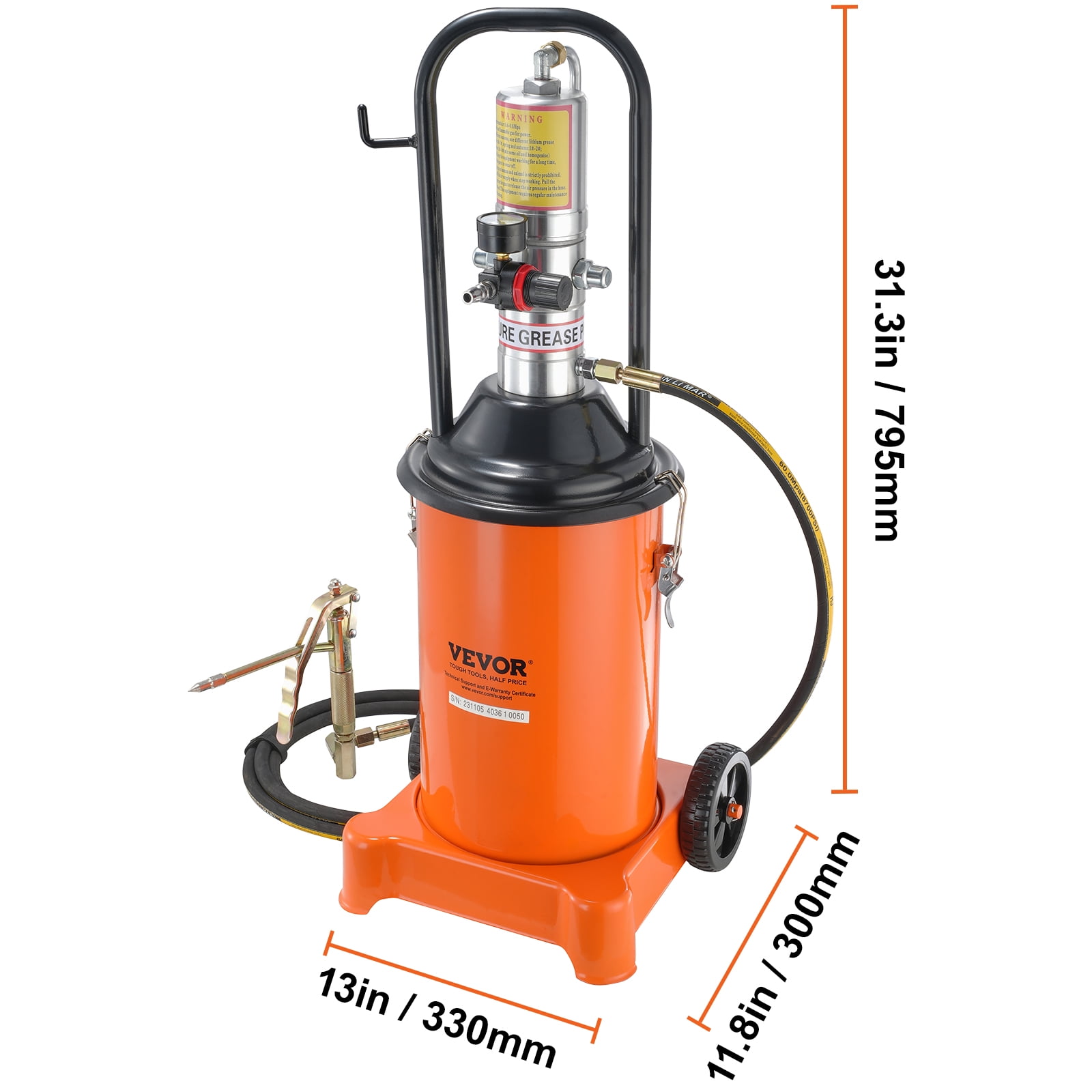 VEVOR Grease Pump, 3 Gallon 12L, Air Operated Grease Pump with 13 ft High Pressure Hose and Grease Gun, Pneumatic Grease Bucket Pump with Wheels, Portable Lubrication Grease Pump 50:1 Pressure Ratio