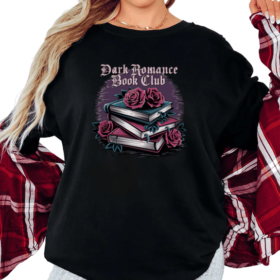 Women's Vintage "Dark Romance Book Club" Stacked Books Rose Graphic Comfortable T Shirt Short Sleeve Round Neck Top Black S-5XL