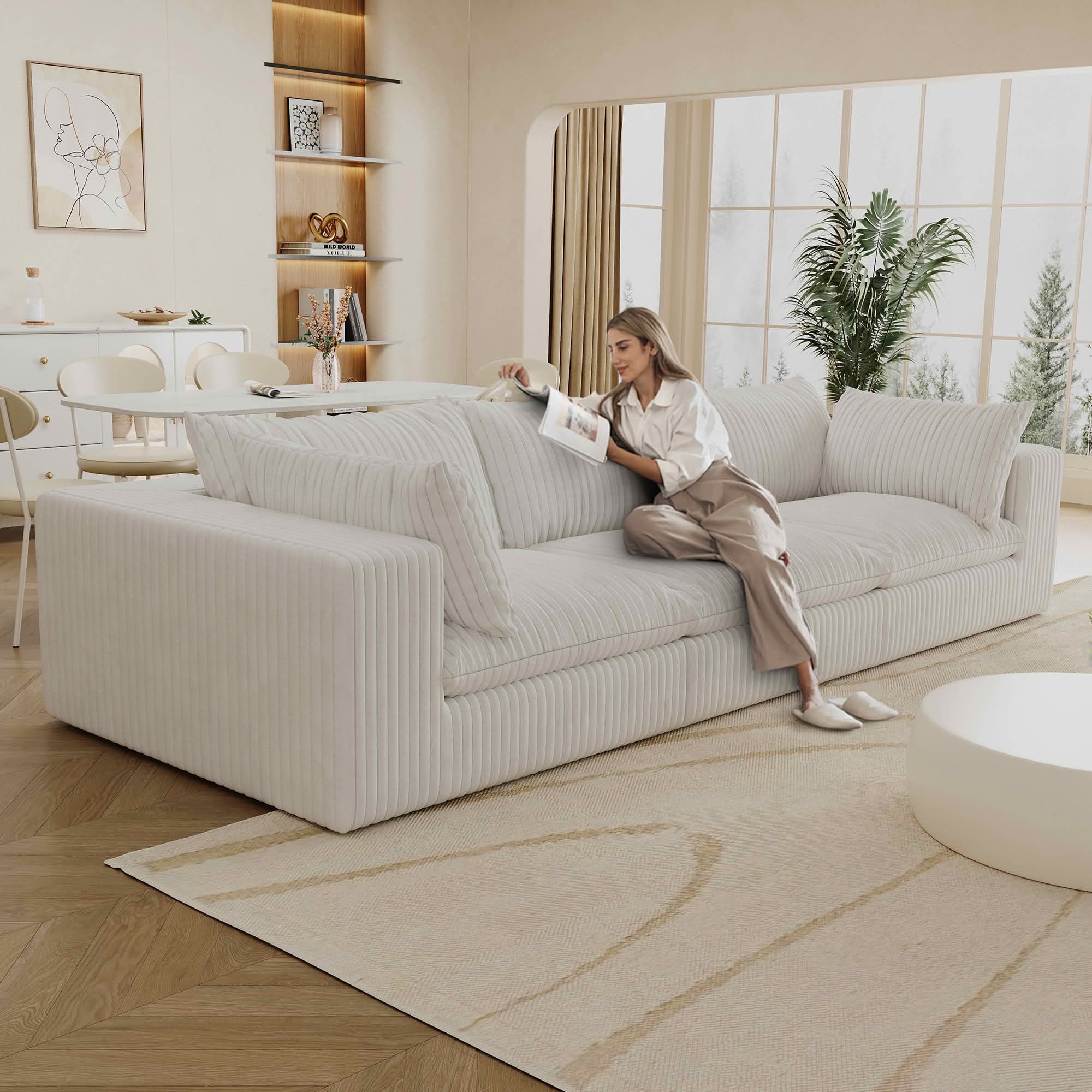 MAYEERTY 118.2 Inch Modular Cloud Sofa, Corduroy Fabric Deep‑Seat Couch, Double‑Layer Removable Cushion, No‑Assembly DIY Combination Sofa for Living Room Bedroom Conference Room Apartment